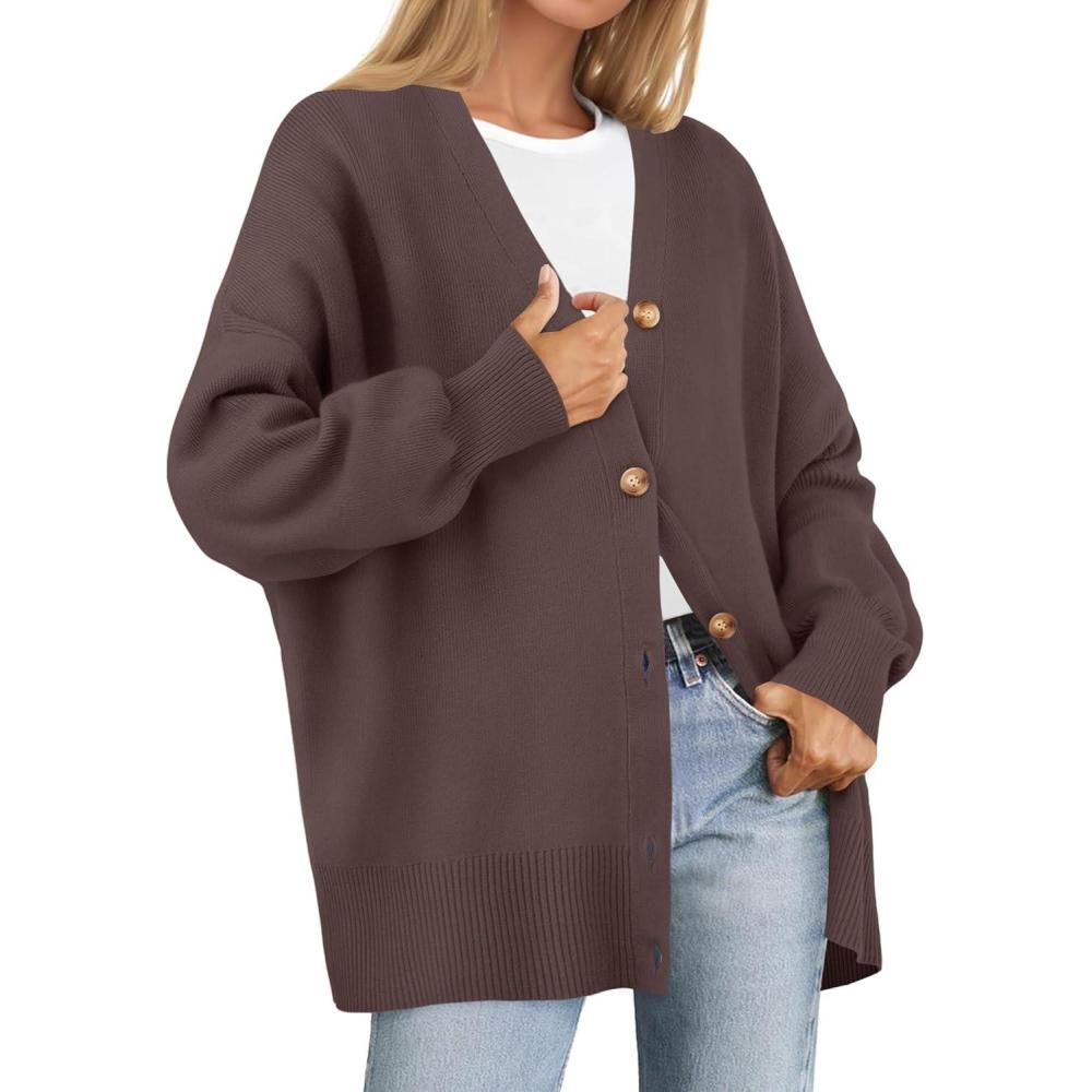 imageZESICA Womens Casual Long Sleeve Cardigan V Neck Button Down Open Front Knit Loose Oversized Sweater CoatNutmeg