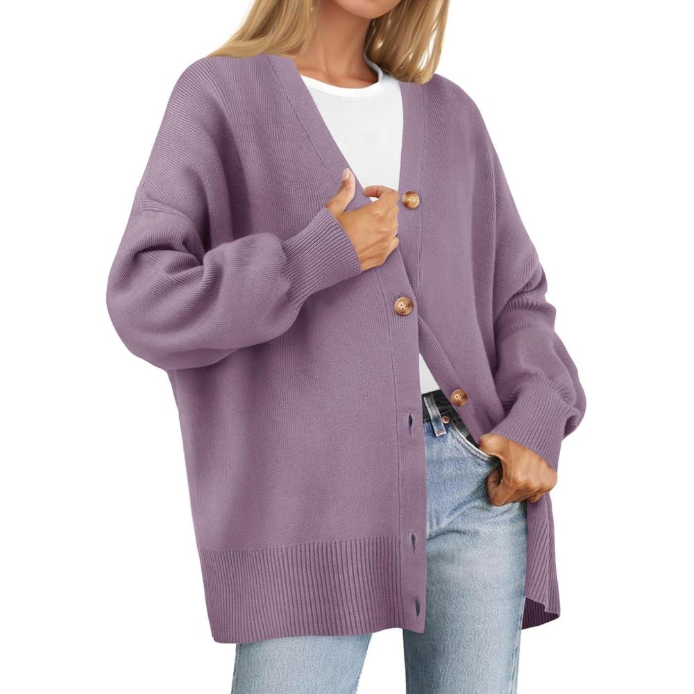 imageZESICA Womens Casual Long Sleeve Cardigan V Neck Button Down Open Front Knit Loose Oversized Sweater CoatPurple