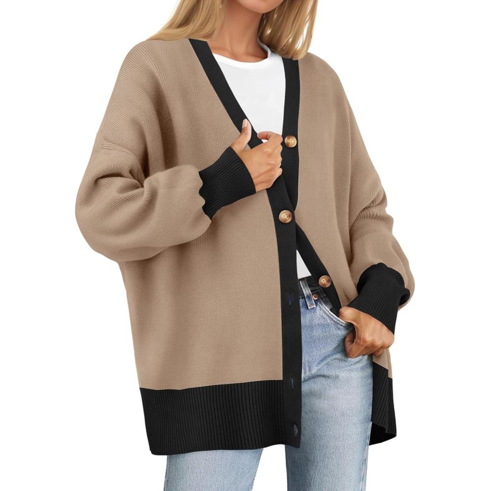 imageZESICA Womens Casual Long Sleeve Cardigan V Neck Button Down Open Front Knit Loose Oversized Sweater CoatRedbrown