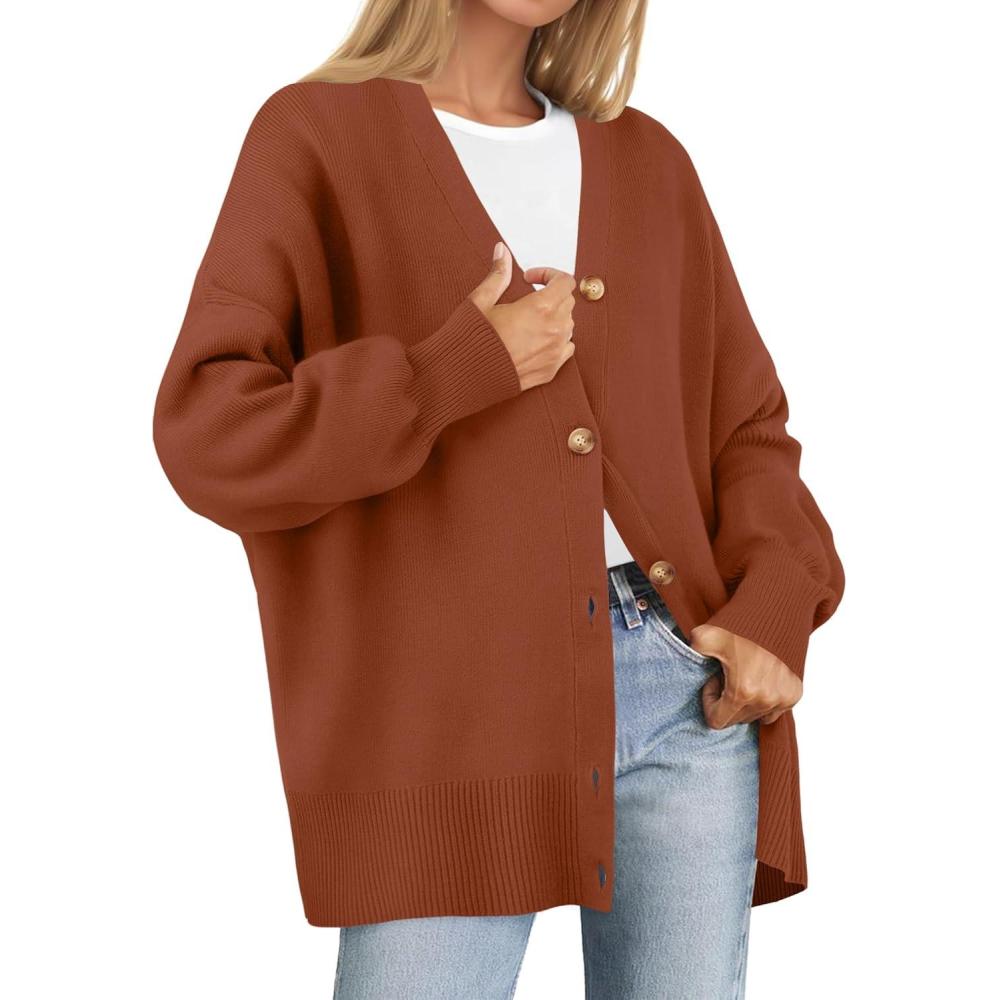 imageZESICA Womens Casual Long Sleeve Cardigan V Neck Button Down Open Front Knit Loose Oversized Sweater CoatRust