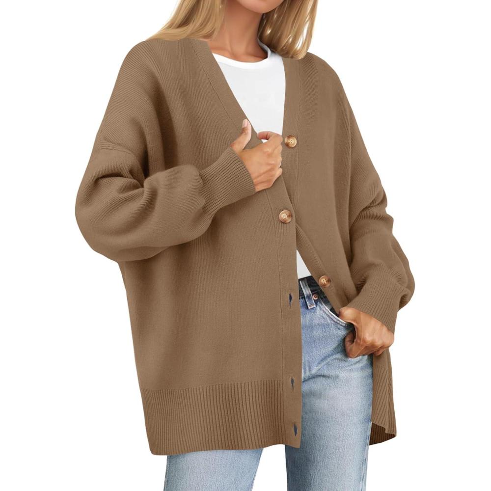 imageZESICA Womens Casual Long Sleeve Cardigan V Neck Button Down Open Front Knit Loose Oversized Sweater CoatTan