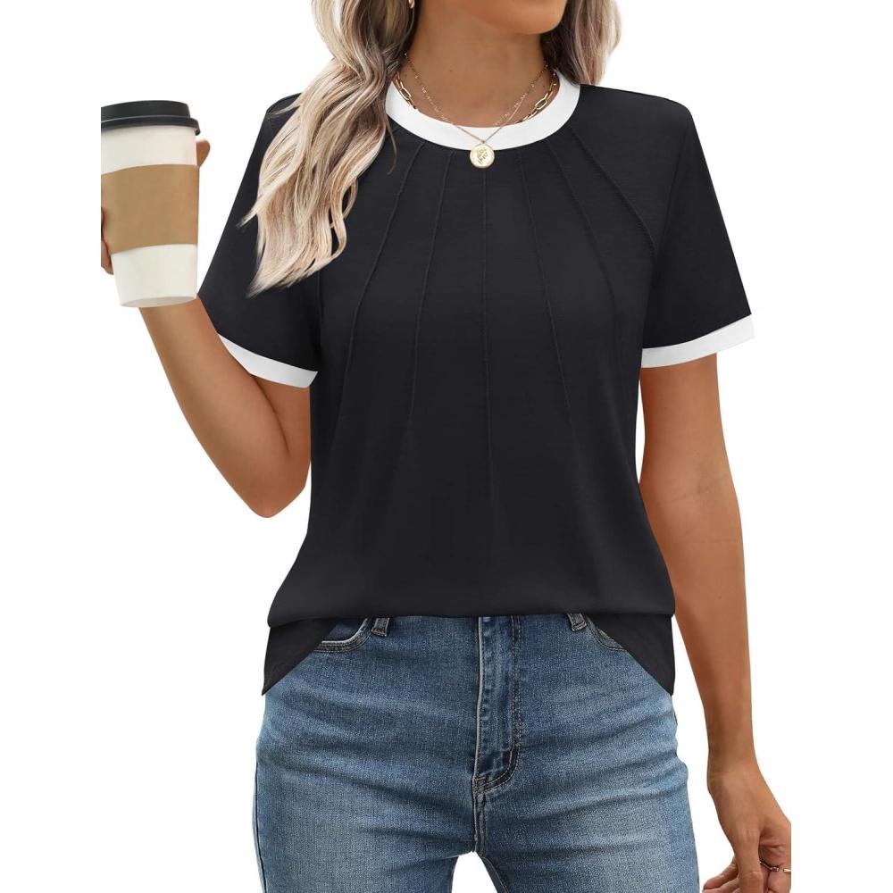 imageZESICA Womens Casual Short Sleeve Pleated Shirts 2025 Summer Dressy Crewneck Color Block TopsBlack