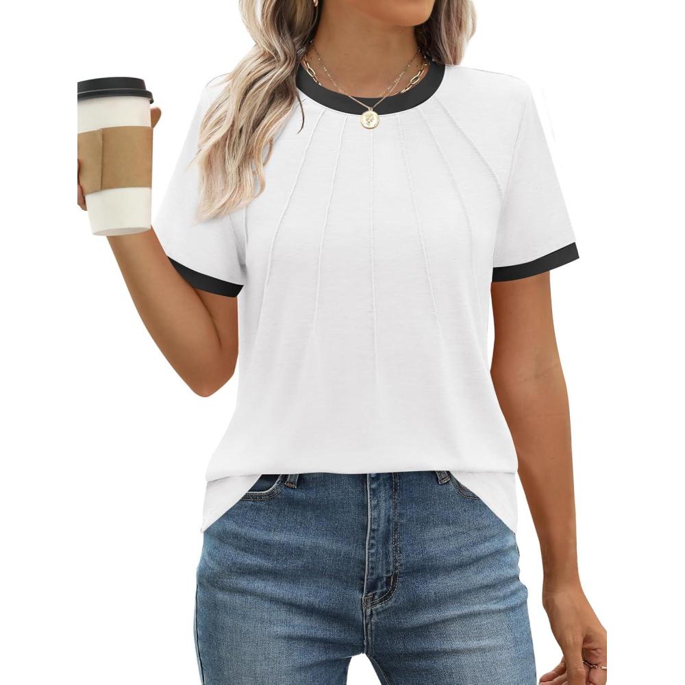 imageZESICA Womens Casual Short Sleeve Pleated Shirts 2025 Summer Dressy Crewneck Color Block TopsWhite