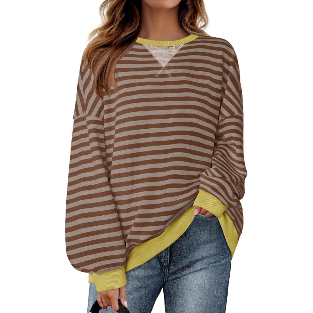 imageZESICA Womens Casual Striped Pullover Tops Long Sleeve Shirts Crewneck Oversized Sweatshirts Spring ClothesBrown