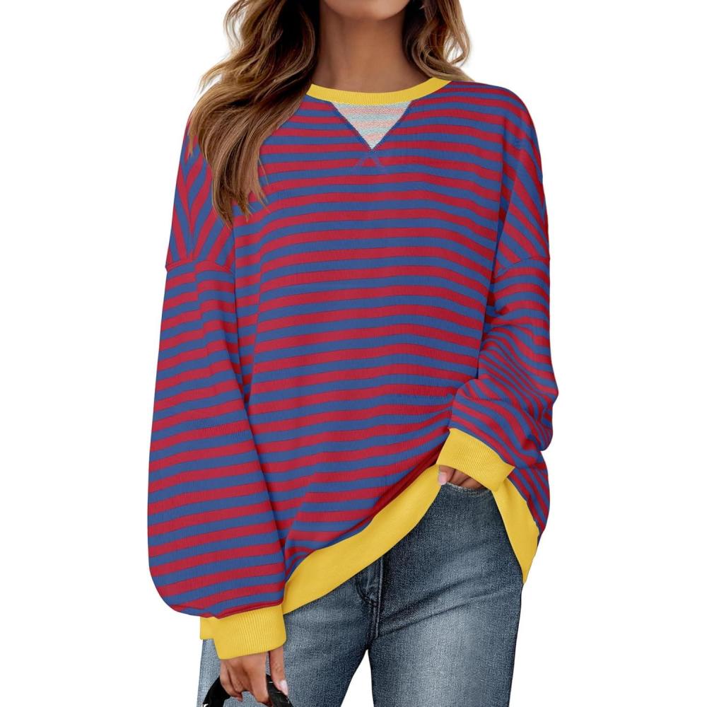 imageZESICA Womens Casual Striped Pullover Tops Long Sleeve Shirts Crewneck Oversized Sweatshirts Spring ClothesRoyalblue