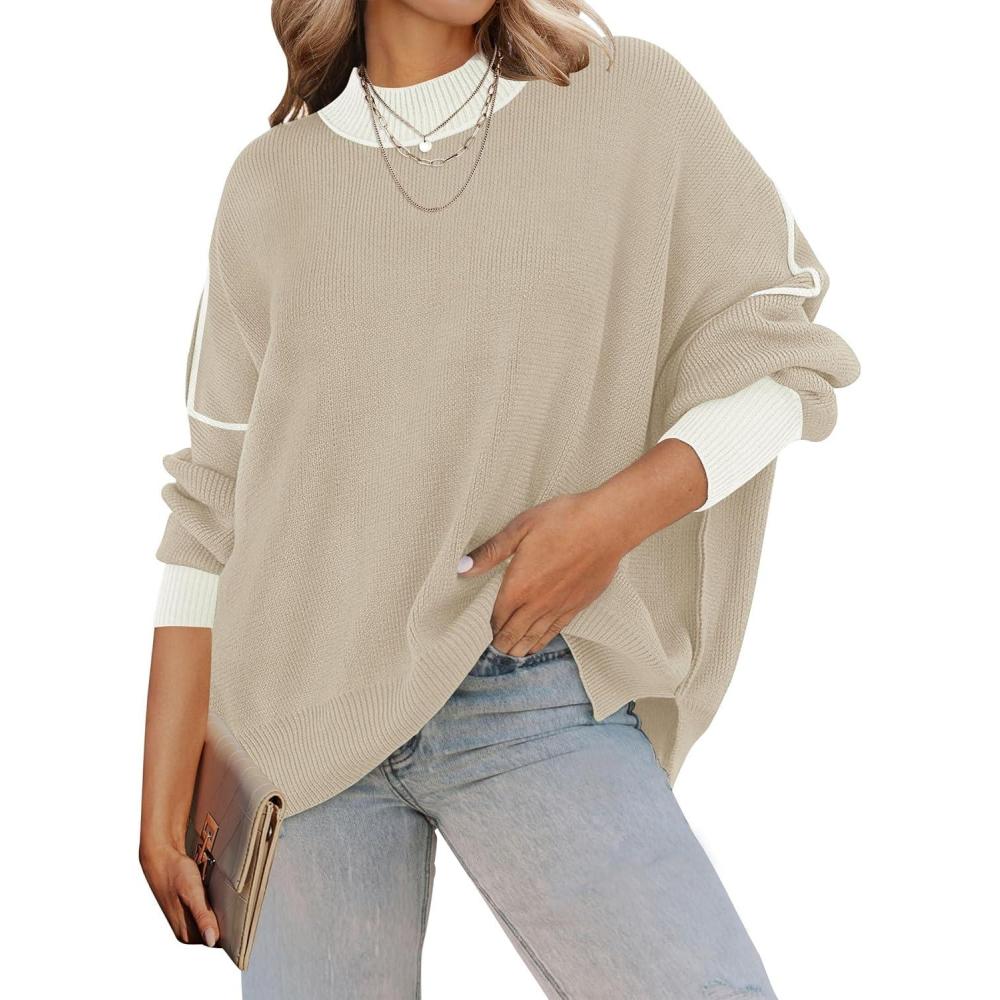 imageZESICA Womens Fall Casual Long Sleeve Crew Neck Side Slit Oversized Ribbed Knit Pullover Sweater TopsGreyapricot