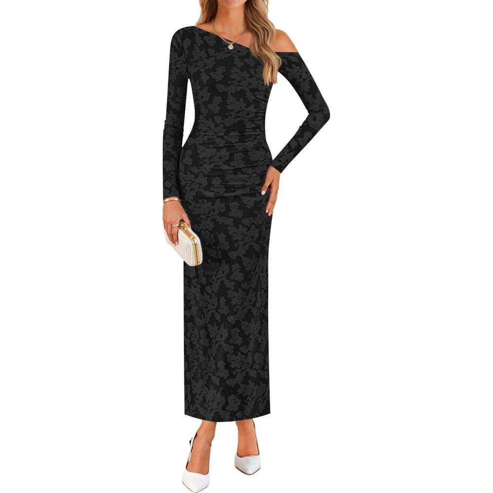 imageZESICA Womens Fall Floral Off Shoulder Bodycon Maxi Dresses 2025 Long Sleeve Ruched Elegant Cocktail Party DressBlack