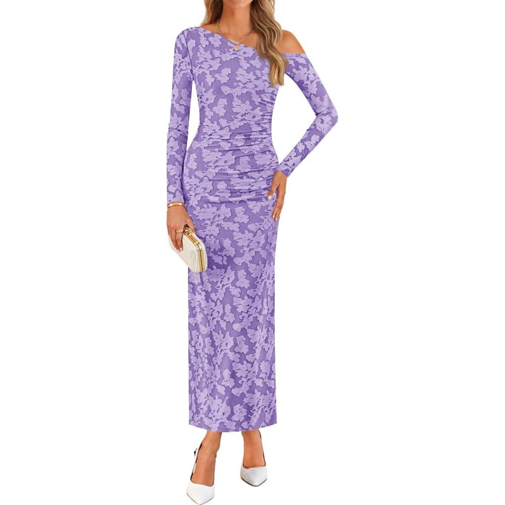 imageZESICA Womens Fall Floral Off Shoulder Bodycon Maxi Dresses 2025 Long Sleeve Ruched Elegant Cocktail Party DressPurple