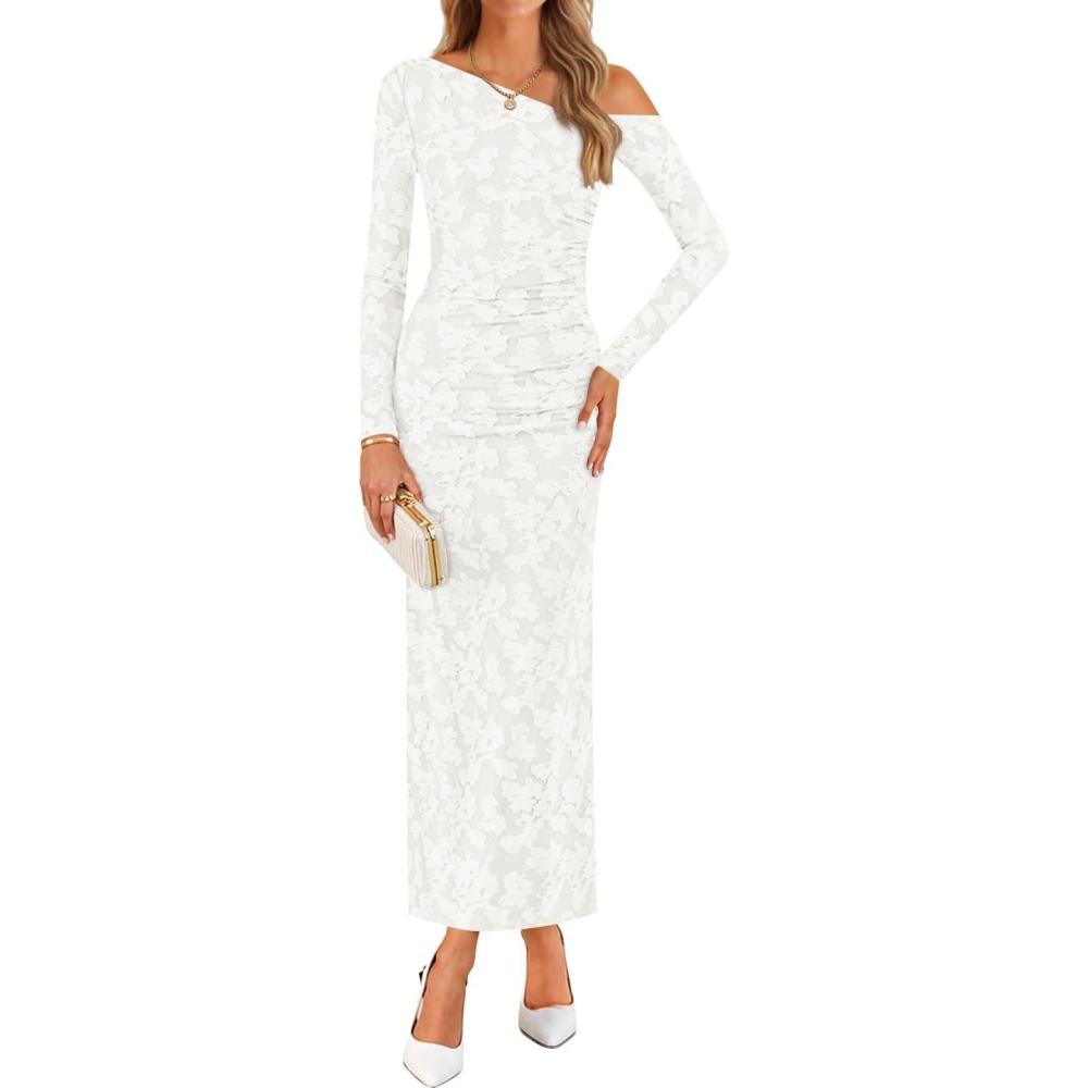 imageZESICA Womens Fall Floral Off Shoulder Bodycon Maxi Dresses 2025 Long Sleeve Ruched Elegant Cocktail Party DressWhite