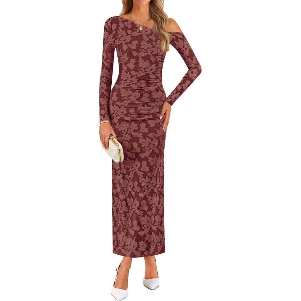 imageZESICA Womens Fall Floral Off Shoulder Bodycon Maxi Dresses 2025 Long Sleeve Ruched Elegant Cocktail Party DressWinered