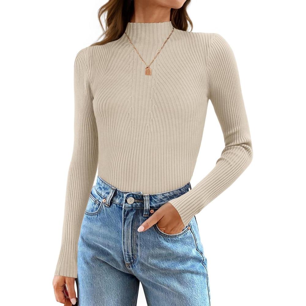 imageZESICA Womens Fall Long Sleeve Turtleneck T Shirt Ribbed Knit Sweater Slim Fit Basic Casual Tee TopsAlmond