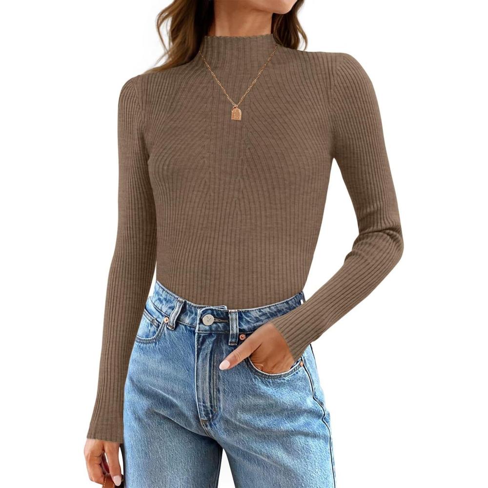 imageZESICA Womens Fall Long Sleeve Turtleneck T Shirt Ribbed Knit Sweater Slim Fit Basic Casual Tee TopsCamel