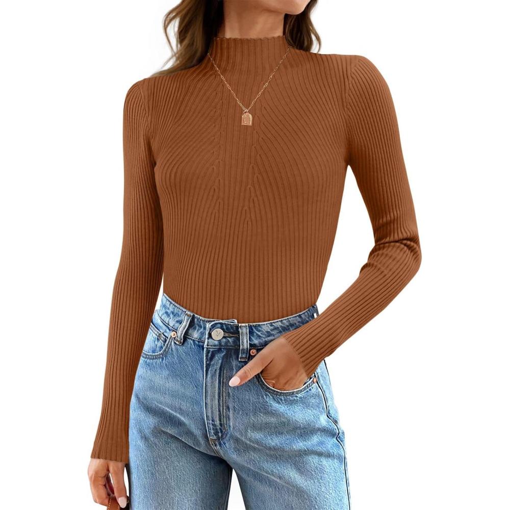 imageZESICA Womens Fall Long Sleeve Turtleneck T Shirt Ribbed Knit Sweater Slim Fit Basic Casual Tee TopsCaramel