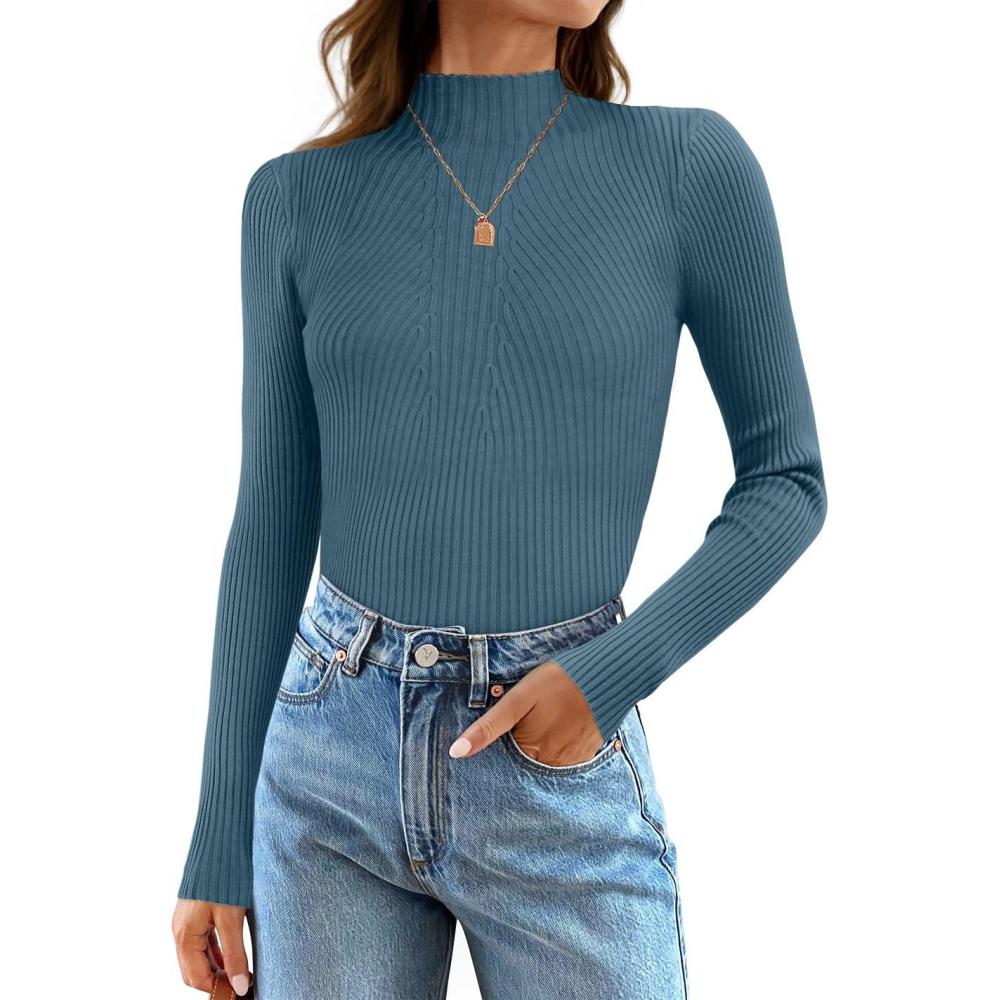 imageZESICA Womens Fall Long Sleeve Turtleneck T Shirt Ribbed Knit Sweater Slim Fit Basic Casual Tee TopsDarkblue
