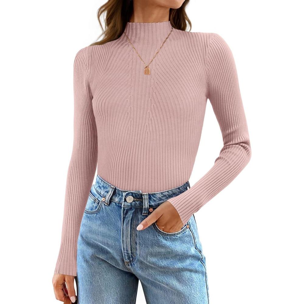 imageZESICA Womens Fall Long Sleeve Turtleneck T Shirt Ribbed Knit Sweater Slim Fit Basic Casual Tee TopsDustypink