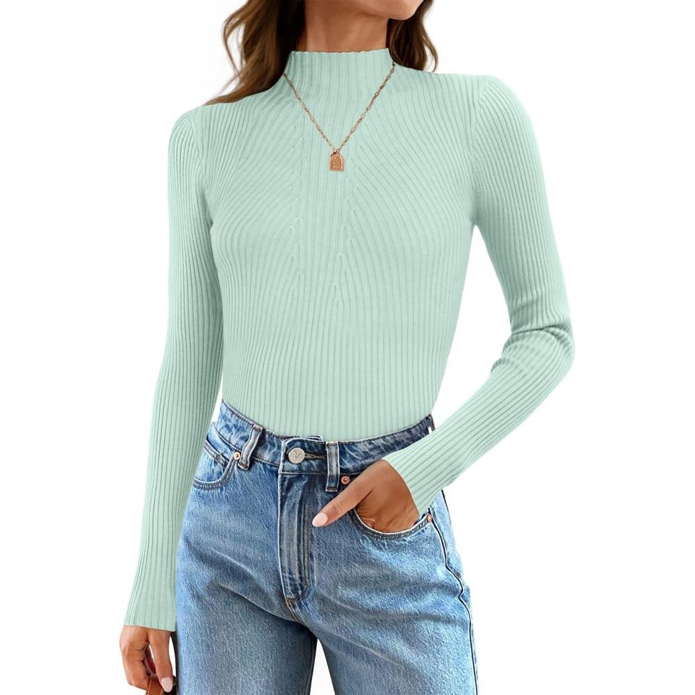 imageZESICA Womens Fall Long Sleeve Turtleneck T Shirt Ribbed Knit Sweater Slim Fit Basic Casual Tee TopsMint