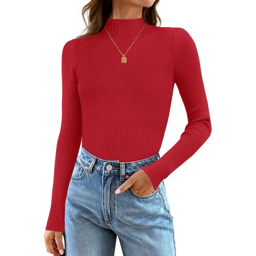 imageZESICA Womens Fall Long Sleeve Turtleneck T Shirt Ribbed Knit Sweater Slim Fit Basic Casual Tee TopsRed