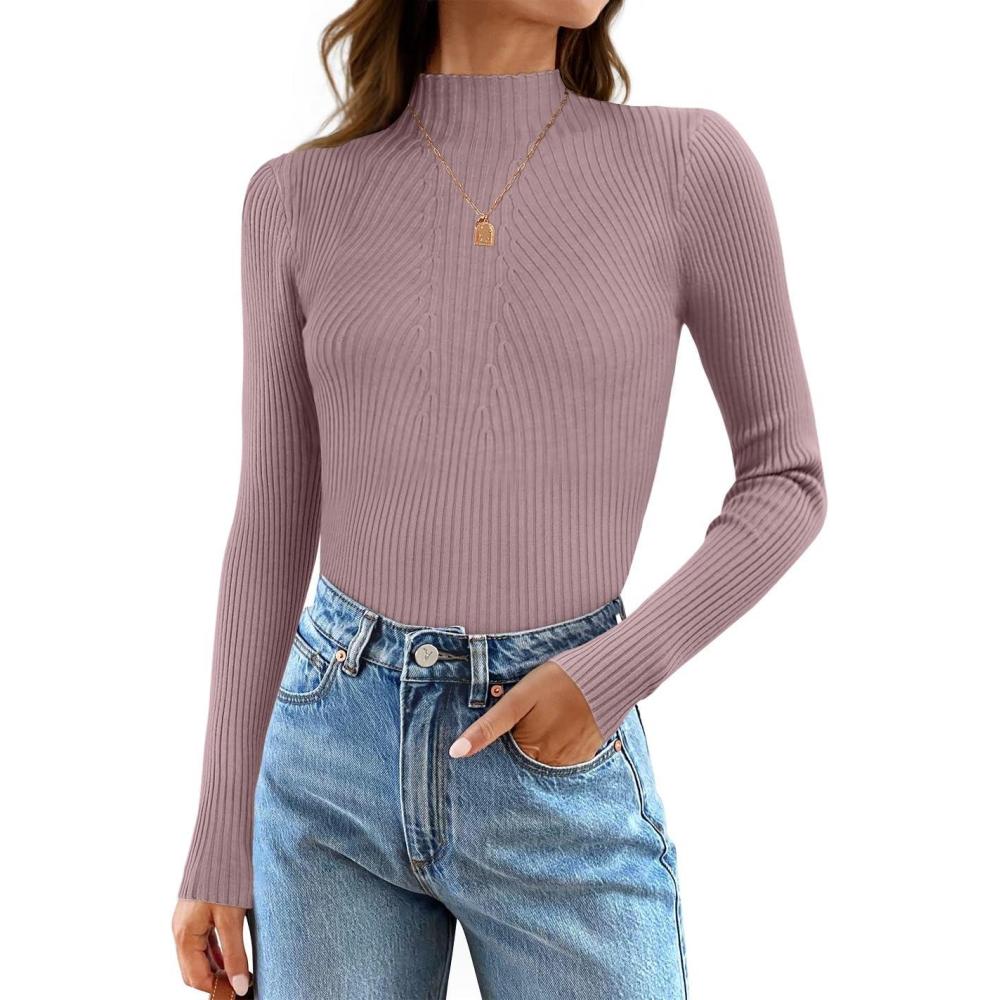 imageZESICA Womens Fall Long Sleeve Turtleneck T Shirt Ribbed Knit Sweater Slim Fit Basic Casual Tee TopsTaro