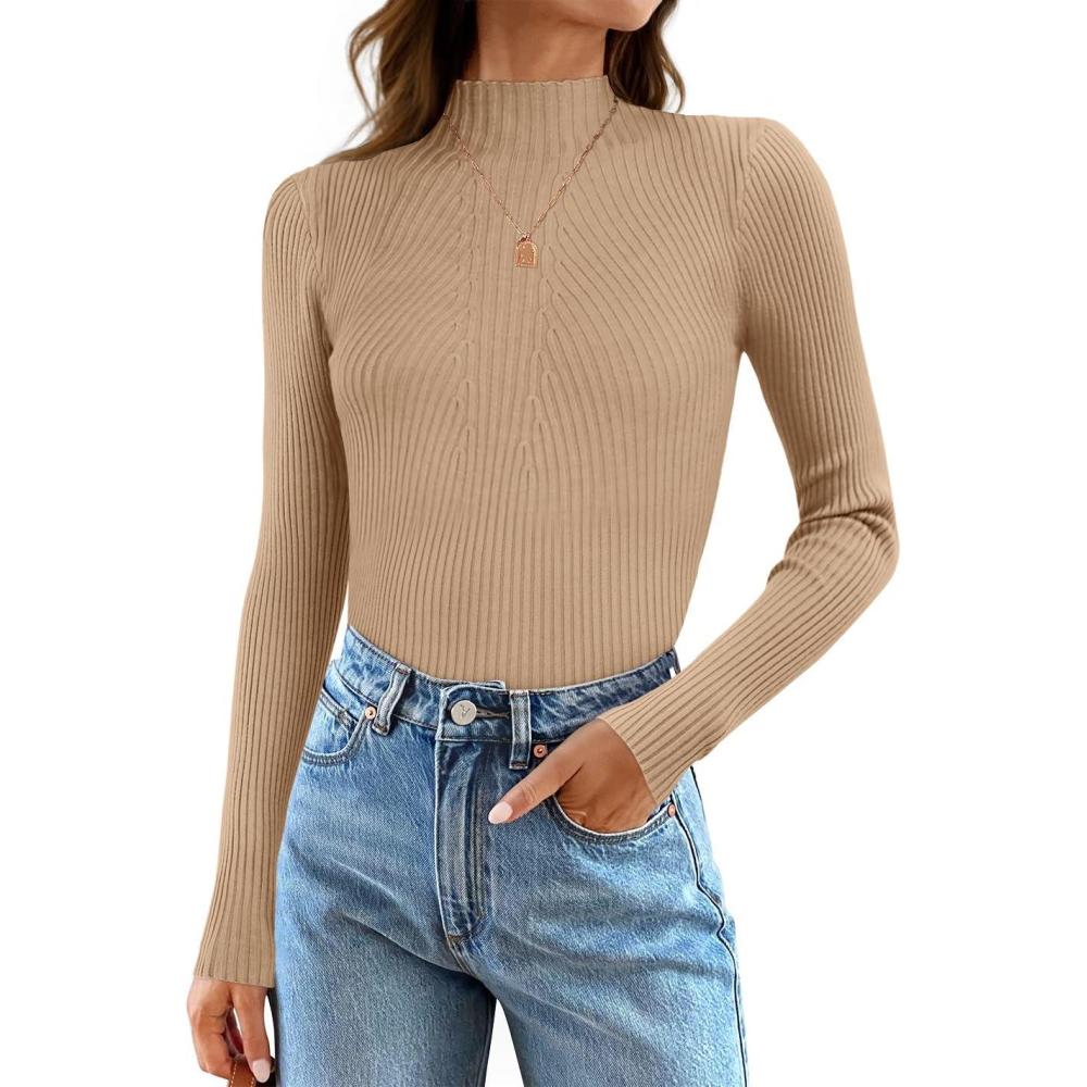 imageZESICA Womens Fall Long Sleeve Turtleneck T Shirt Ribbed Knit Sweater Slim Fit Basic Casual Tee TopsToffee