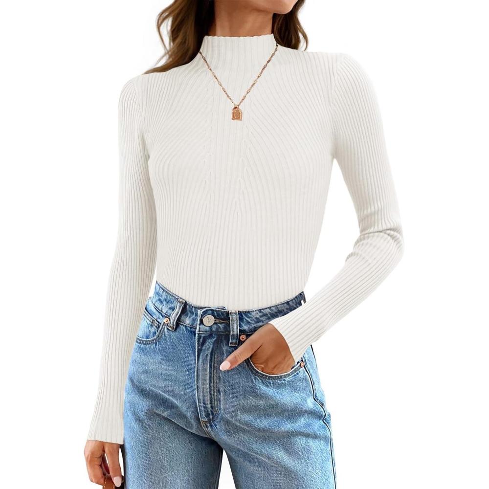 imageZESICA Womens Fall Long Sleeve Turtleneck T Shirt Ribbed Knit Sweater Slim Fit Basic Casual Tee TopsWhite