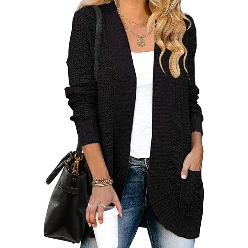 imageZESICA Womens Fall Winter Long Sleeve Open Front Casual Lightweight Soft Knit Cardigan Sweater OuterwearBlack
