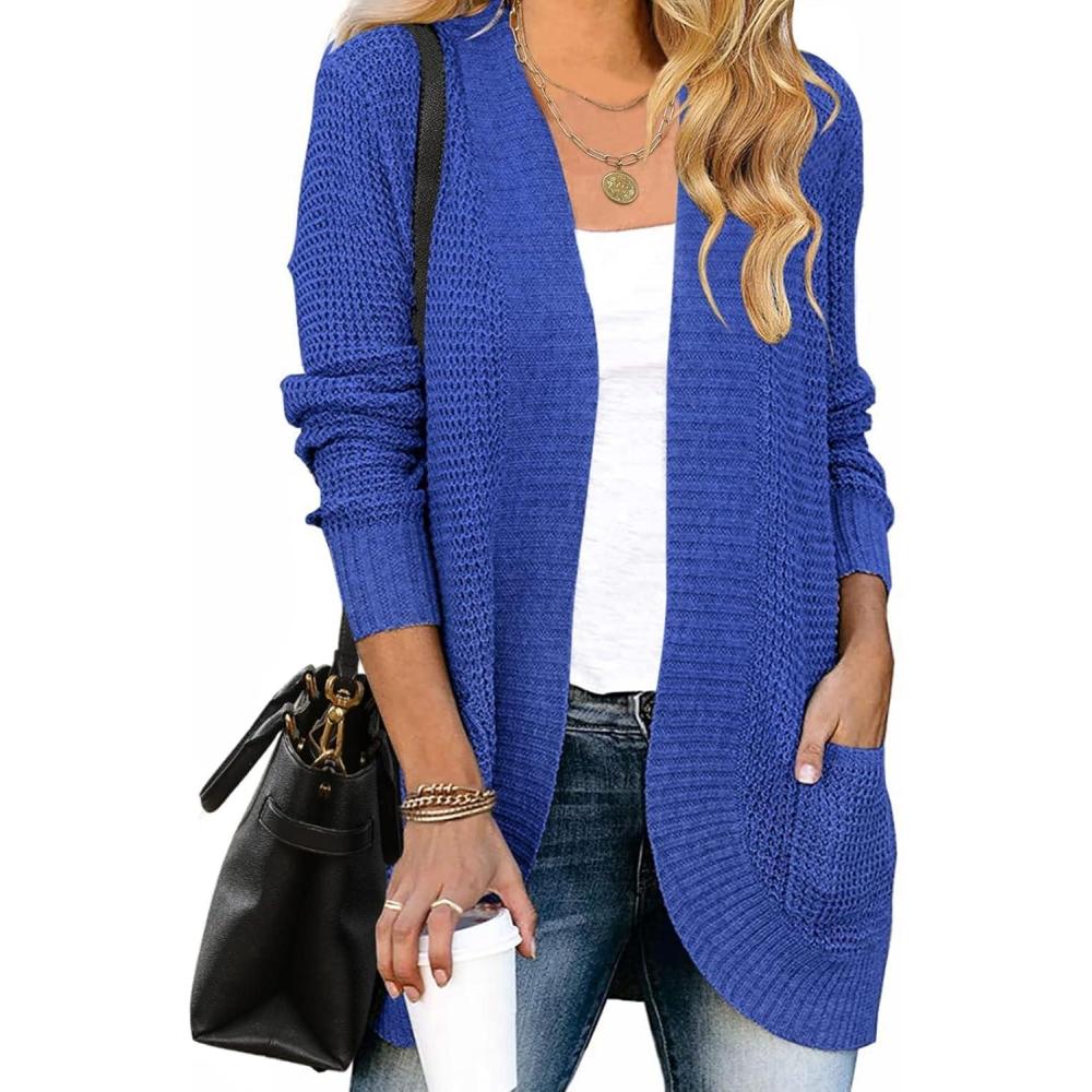 imageZESICA Womens Fall Winter Long Sleeve Open Front Casual Lightweight Soft Knit Cardigan Sweater OuterwearBlue
