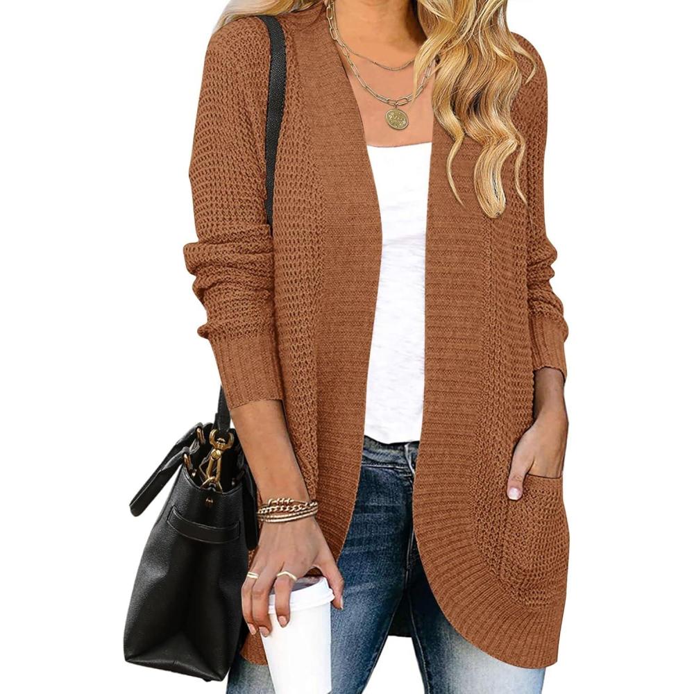 imageZESICA Womens Fall Winter Long Sleeve Open Front Casual Lightweight Soft Knit Cardigan Sweater OuterwearBrown