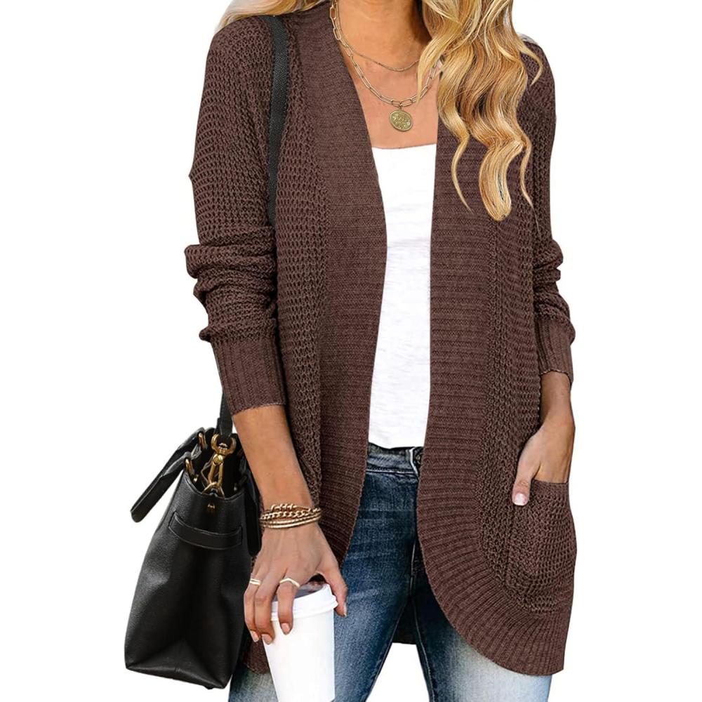 imageZESICA Womens Fall Winter Long Sleeve Open Front Casual Lightweight Soft Knit Cardigan Sweater OuterwearCoffee