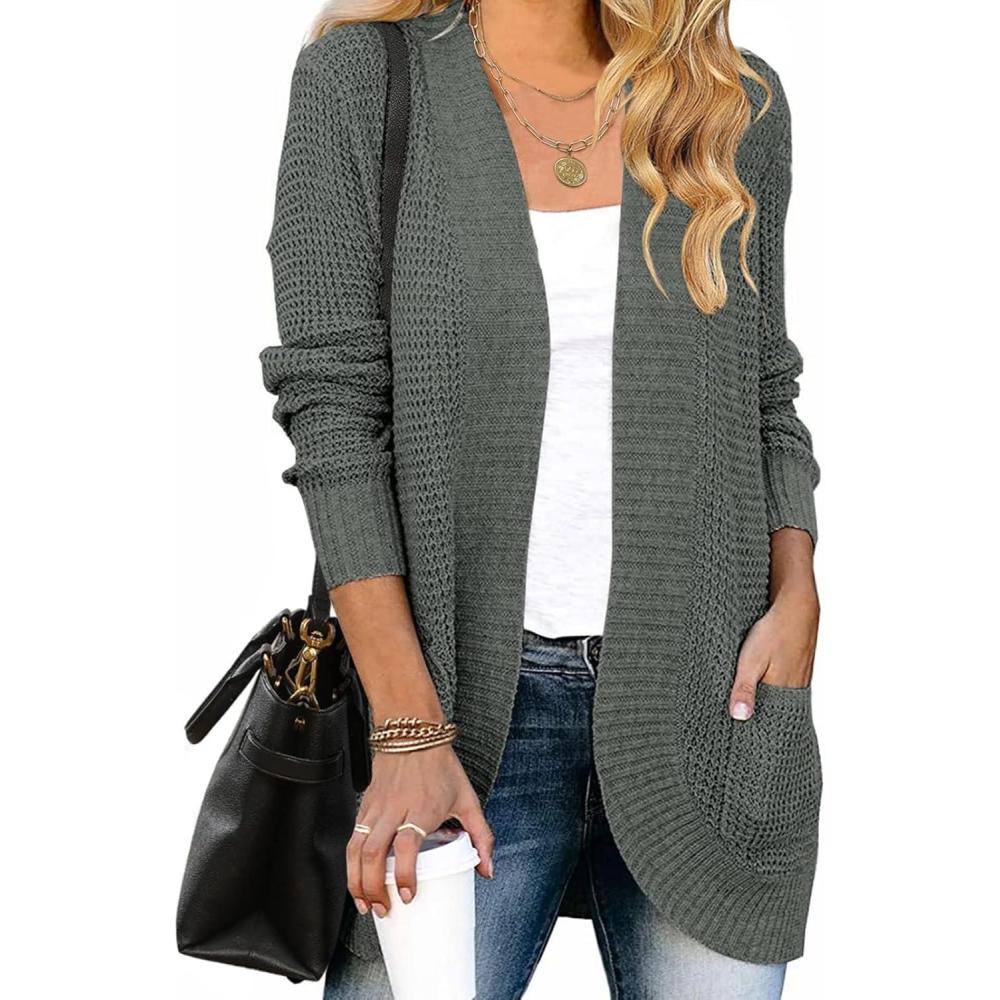 imageZESICA Womens Fall Winter Long Sleeve Open Front Casual Lightweight Soft Knit Cardigan Sweater OuterwearDarkgrey