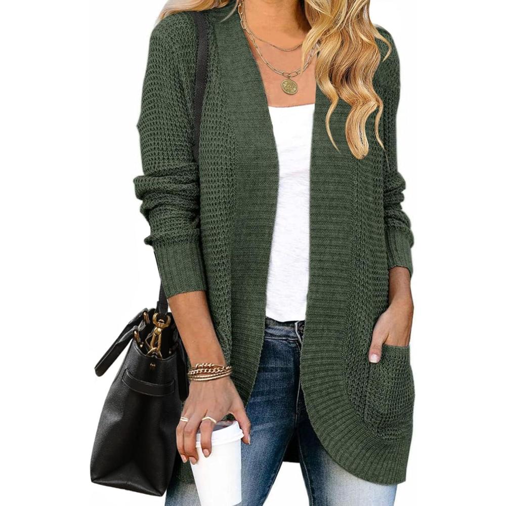imageZESICA Womens Fall Winter Long Sleeve Open Front Casual Lightweight Soft Knit Cardigan Sweater OuterwearGreen