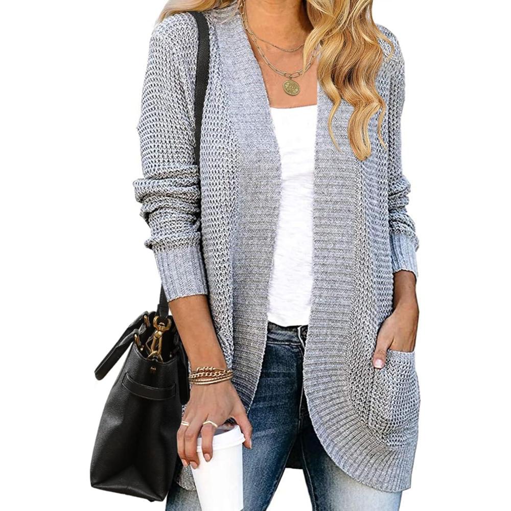 imageZESICA Womens Fall Winter Long Sleeve Open Front Casual Lightweight Soft Knit Cardigan Sweater OuterwearGrey