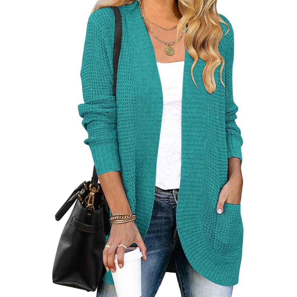 imageZESICA Womens Fall Winter Long Sleeve Open Front Casual Lightweight Soft Knit Cardigan Sweater OuterwearLakegreen