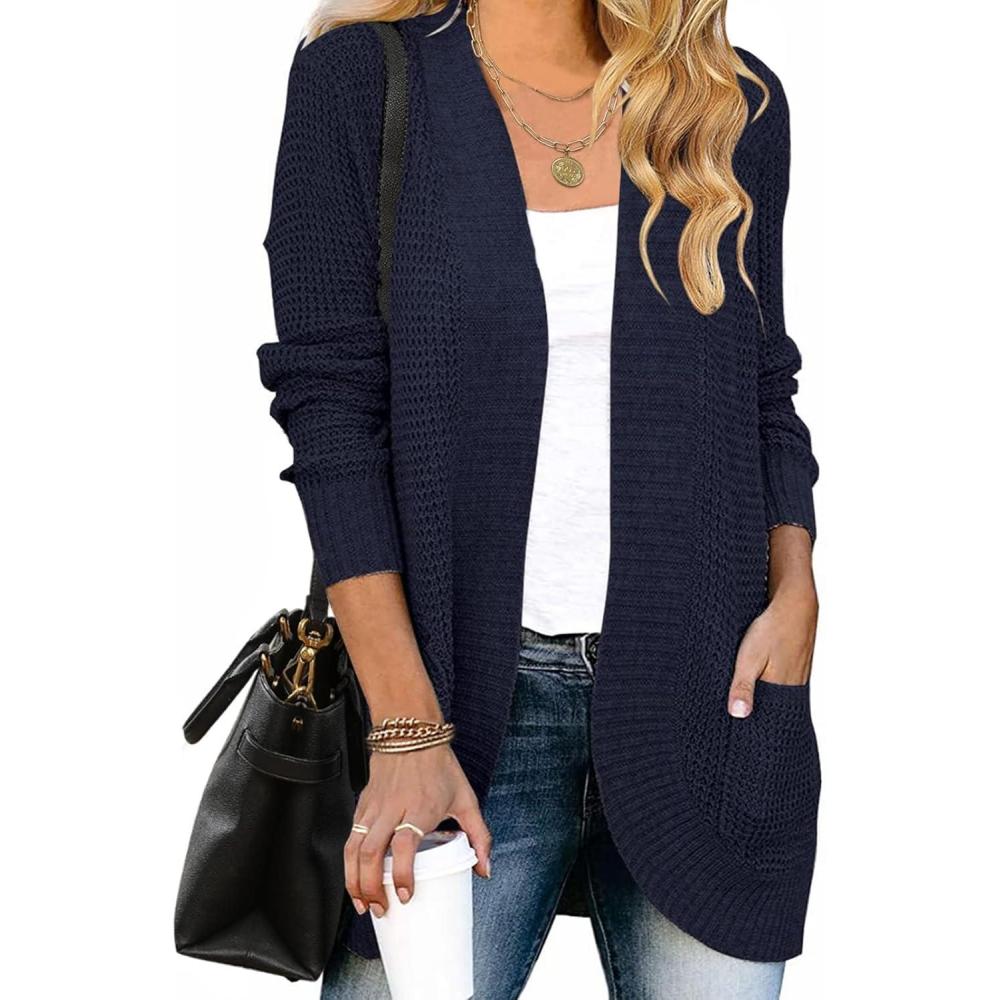 imageZESICA Womens Fall Winter Long Sleeve Open Front Casual Lightweight Soft Knit Cardigan Sweater OuterwearNavy