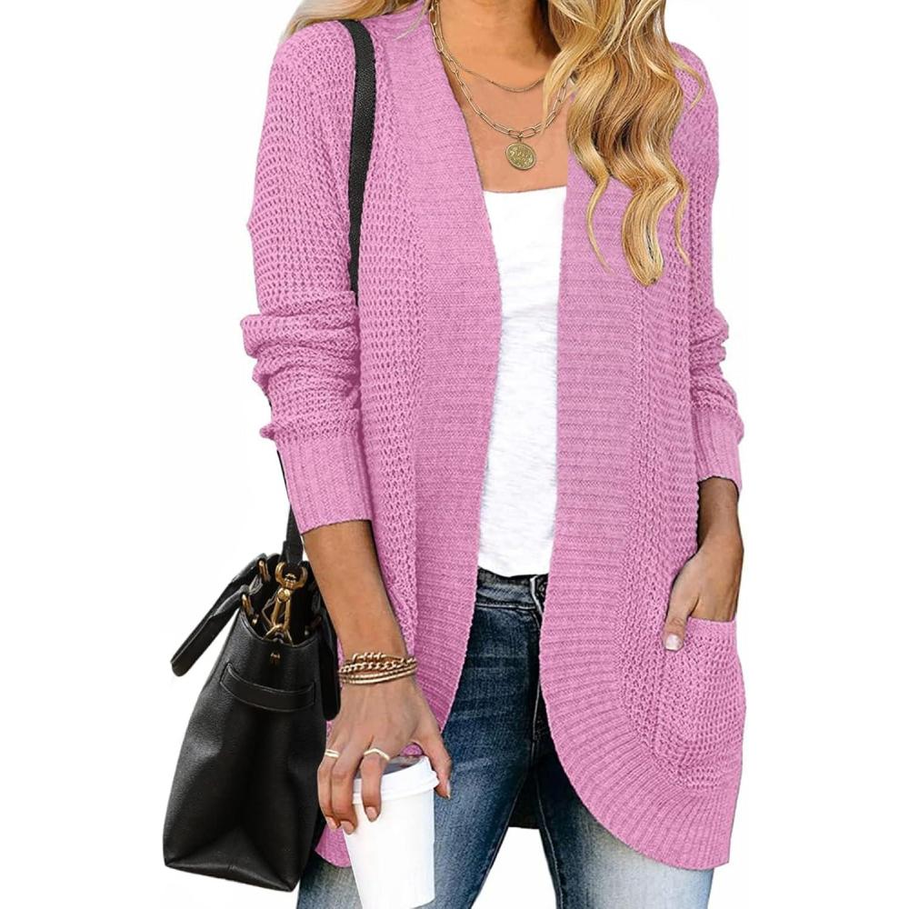imageZESICA Womens Fall Winter Long Sleeve Open Front Casual Lightweight Soft Knit Cardigan Sweater OuterwearPinkpurple