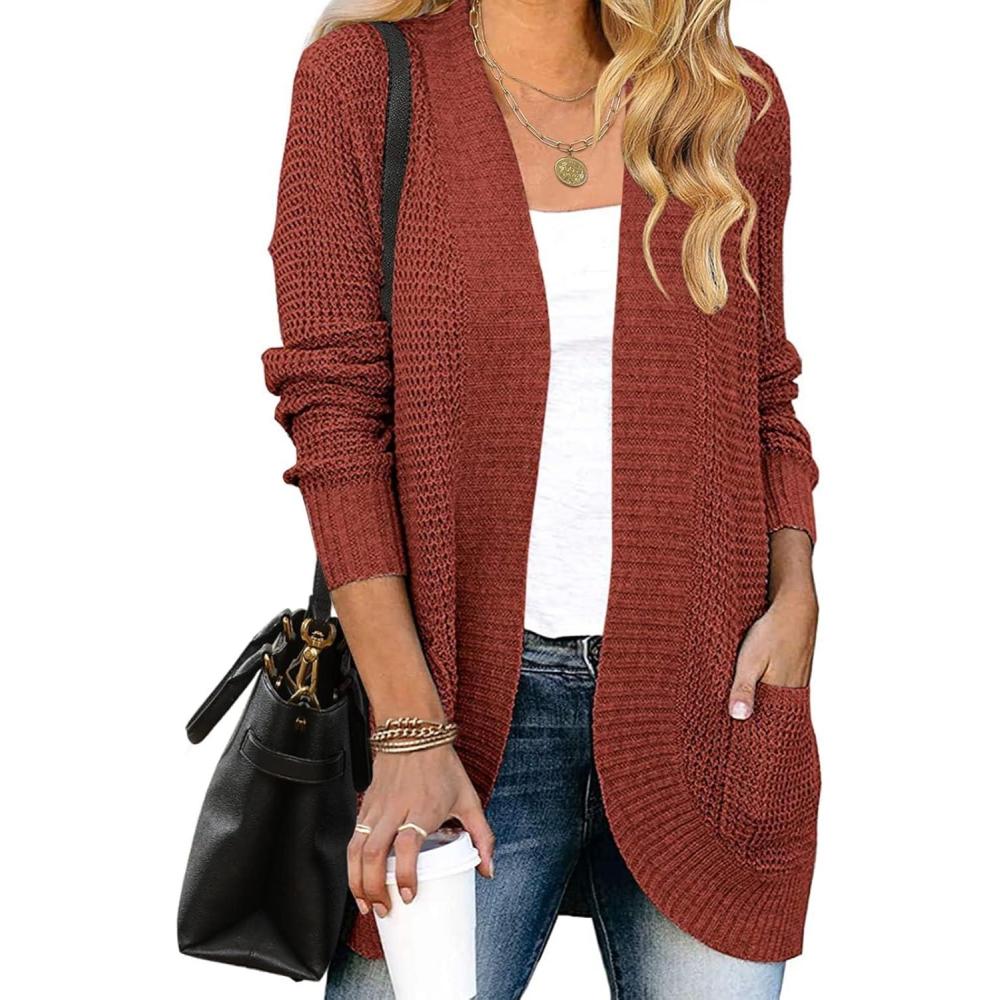 imageZESICA Womens Fall Winter Long Sleeve Open Front Casual Lightweight Soft Knit Cardigan Sweater OuterwearRust