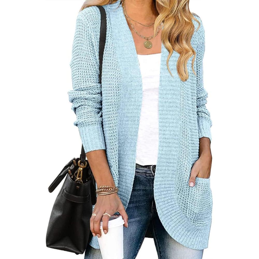 imageZESICA Womens Fall Winter Long Sleeve Open Front Casual Lightweight Soft Knit Cardigan Sweater OuterwearSkyblue