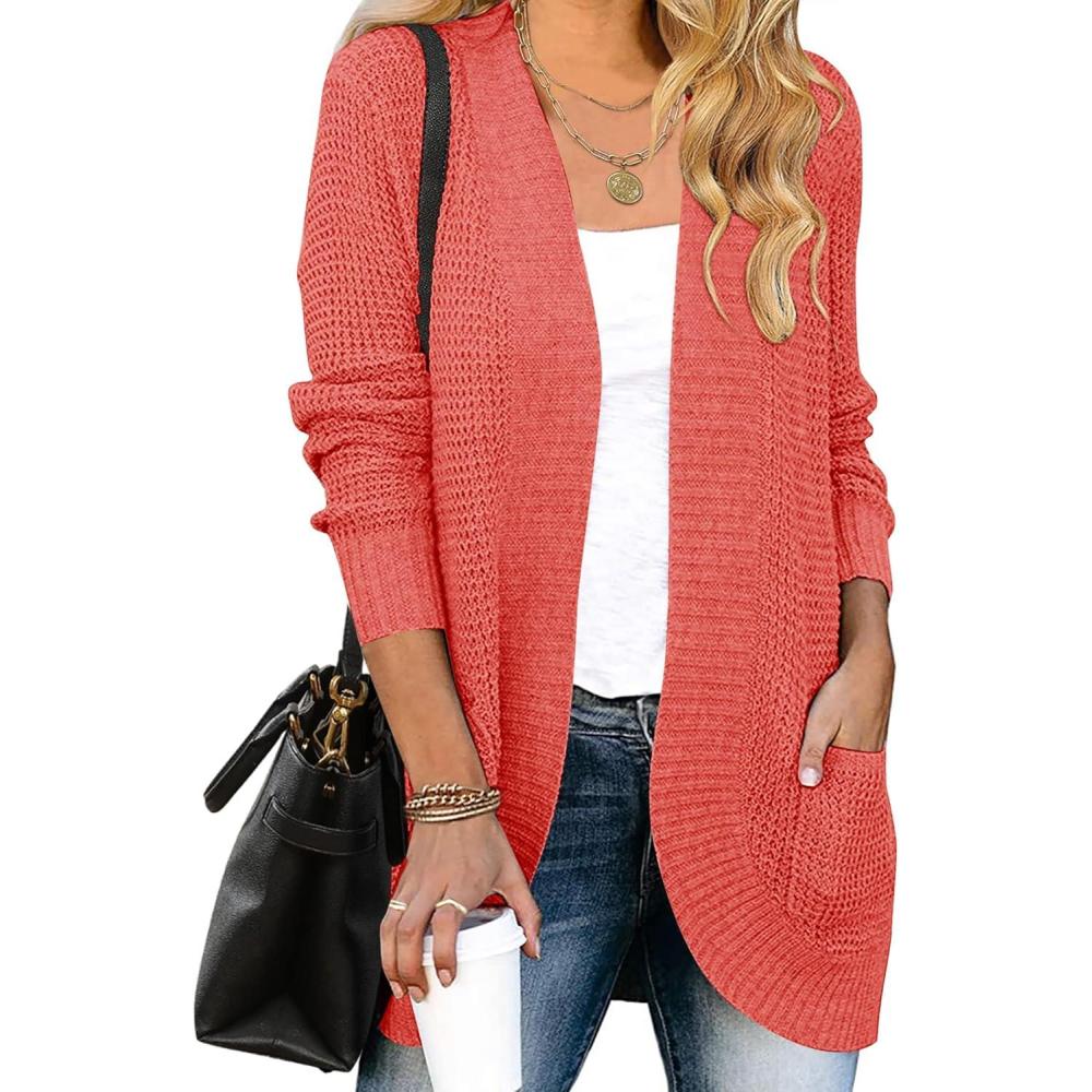 imageZESICA Womens Fall Winter Long Sleeve Open Front Casual Lightweight Soft Knit Cardigan Sweater OuterwearWatermelon