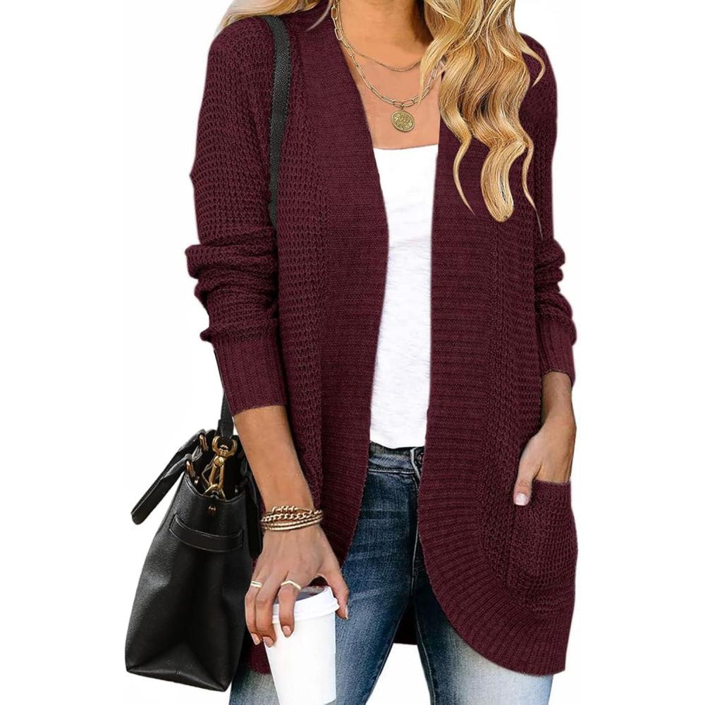 imageZESICA Womens Fall Winter Long Sleeve Open Front Casual Lightweight Soft Knit Cardigan Sweater OuterwearWine