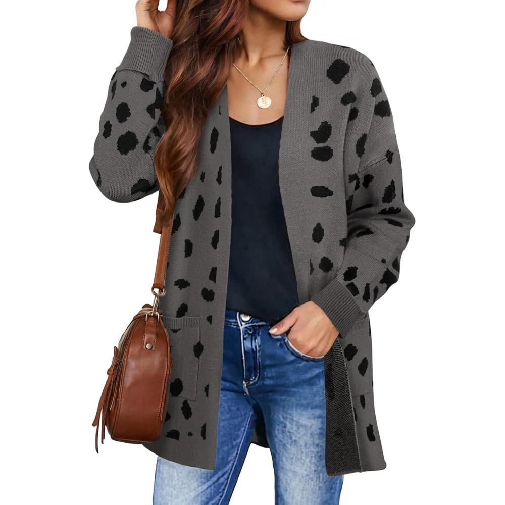 imageZESICA Womens Fall Winter Long Sleeves Open Front Leopard Print Knitted Sweater Cardigan Coat OutwearA Dark Grey