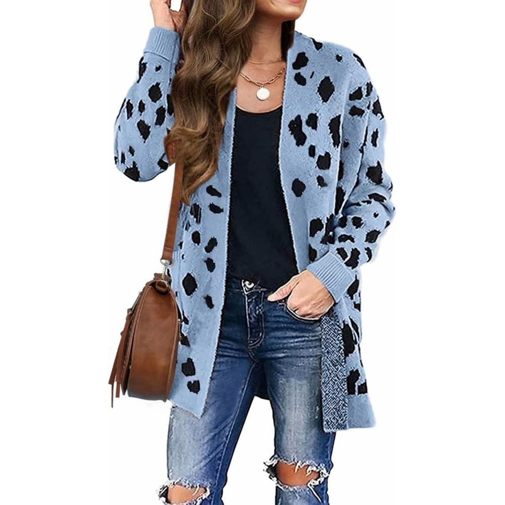 imageZESICA Womens Fall Winter Long Sleeves Open Front Leopard Print Knitted Sweater Cardigan Coat OutwearBlue