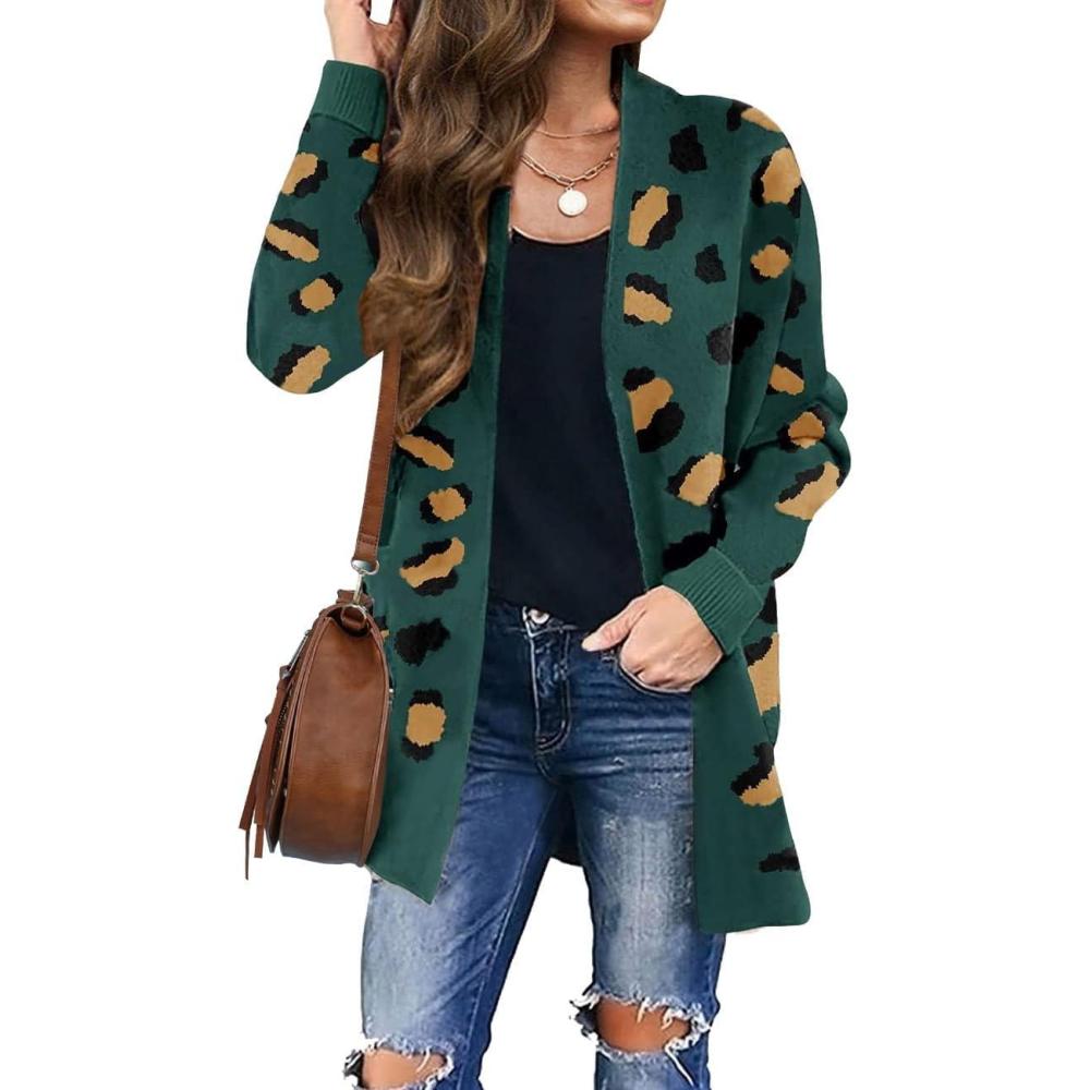 imageZESICA Womens Fall Winter Long Sleeves Open Front Leopard Print Knitted Sweater Cardigan Coat OutwearGreen