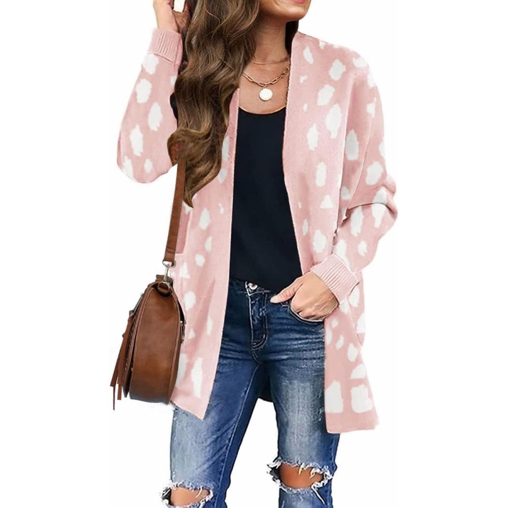 imageZESICA Womens Fall Winter Long Sleeves Open Front Leopard Print Knitted Sweater Cardigan Coat OutwearPink