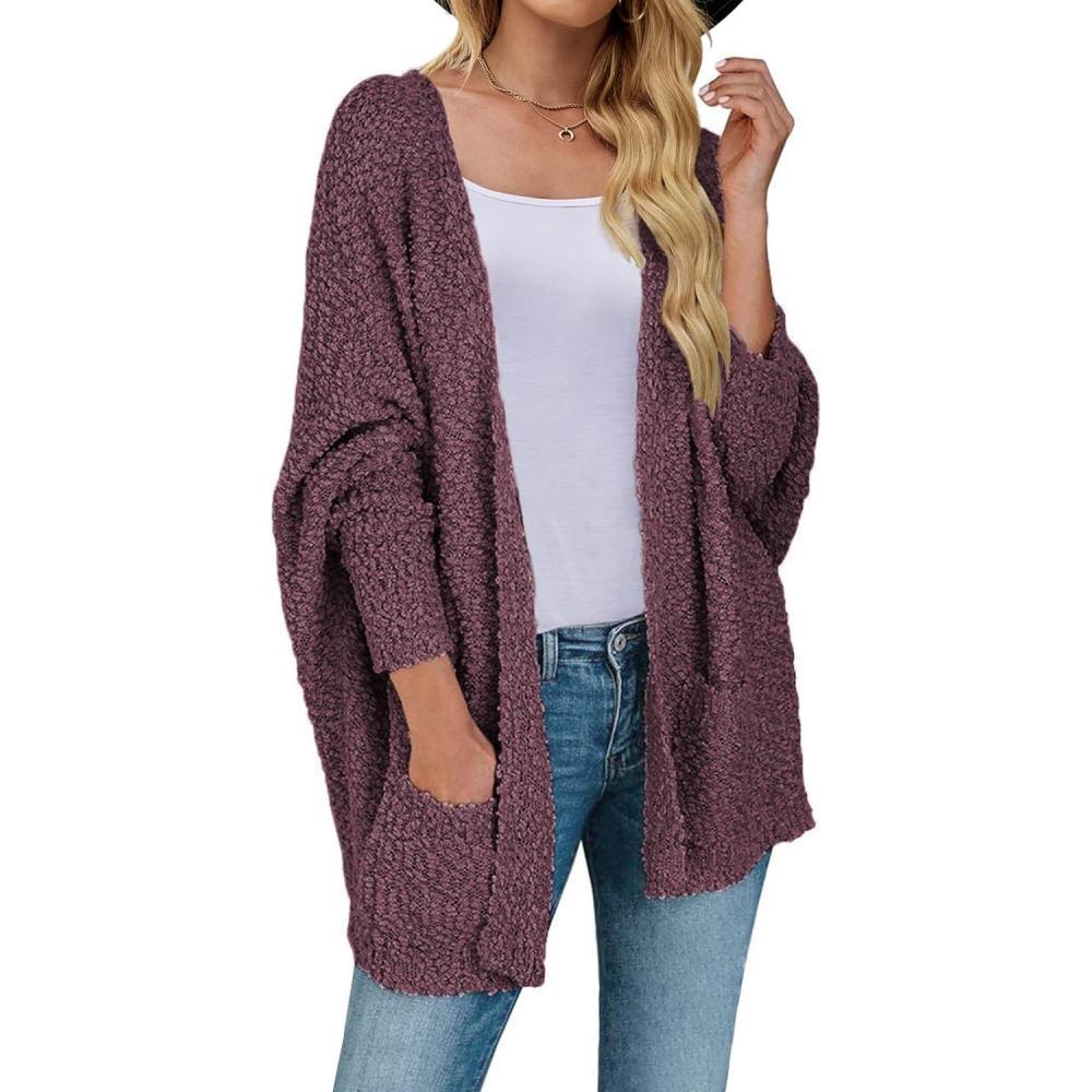 imageZESICA Womens Fall Winter Popcorn Long Sleeve Open Front Chunky Knit Oversized Cardigan Sweater CoatMaroon