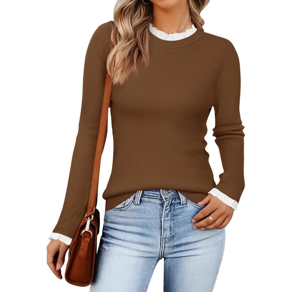 imageZESICA Womens Long Sleeve Ruffle Sweaters 2025 Fall Crewneck Color Block Slim Fit Basic Casual Knit Pullover Sweater TopsBrown