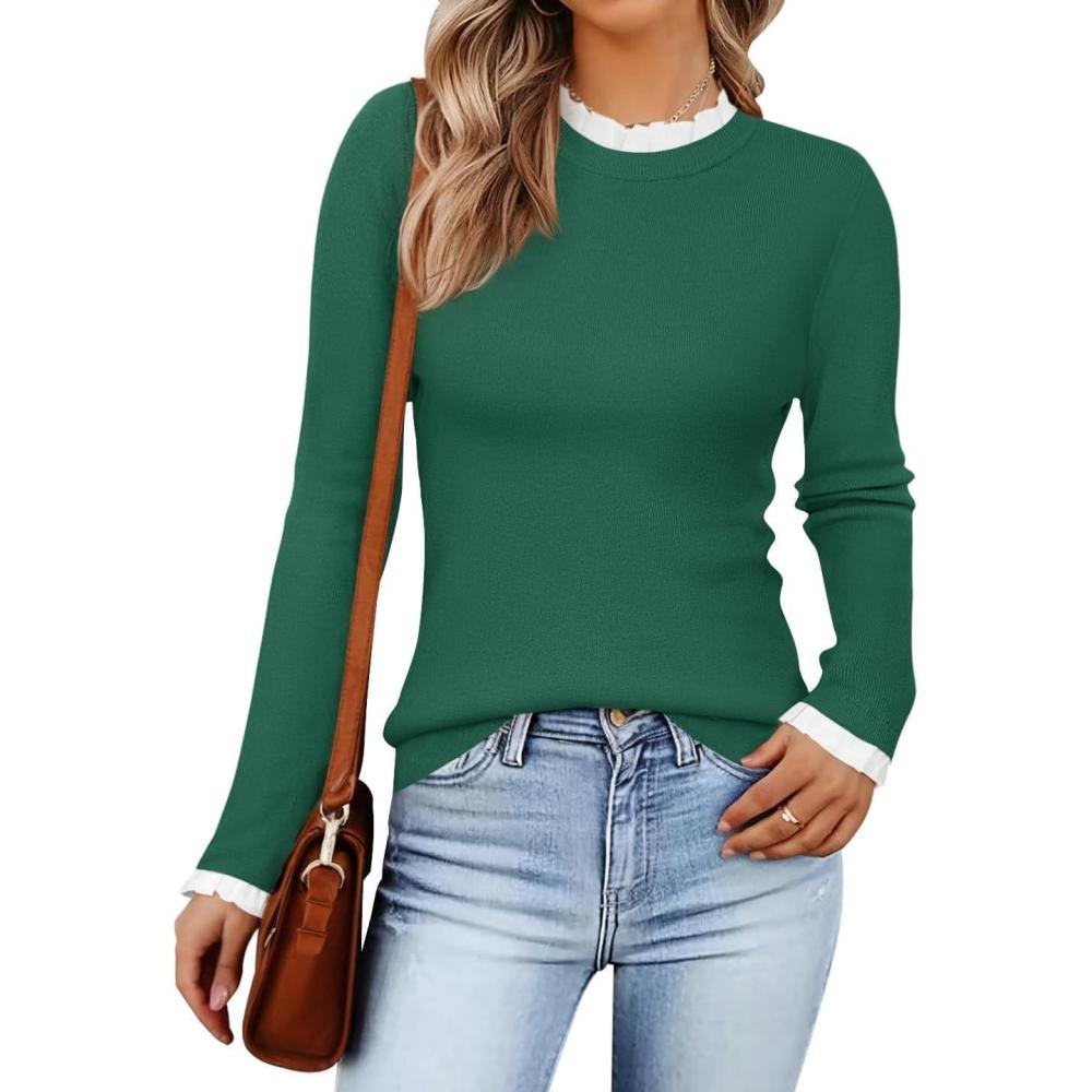 imageZESICA Womens Long Sleeve Ruffle Sweaters 2025 Fall Crewneck Color Block Slim Fit Basic Casual Knit Pullover Sweater TopsDark Green