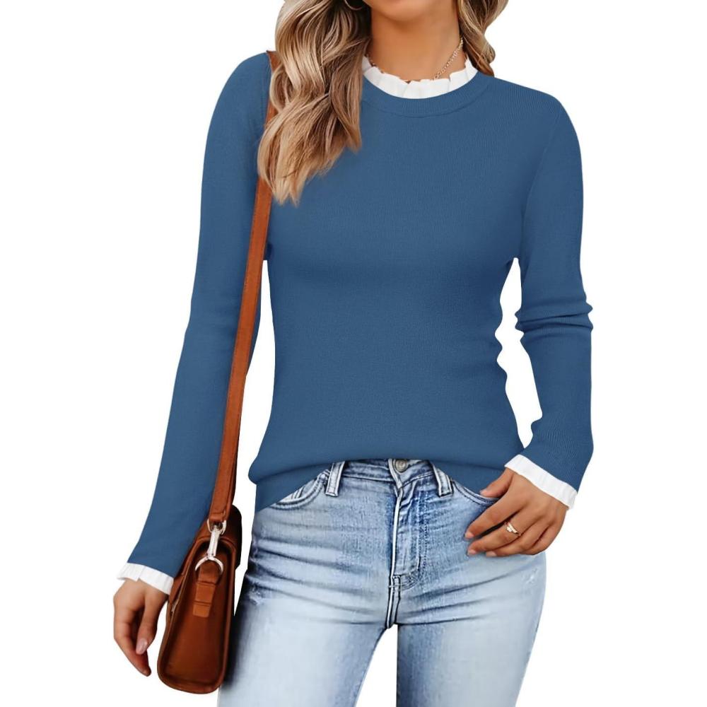 imageZESICA Womens Long Sleeve Ruffle Sweaters 2025 Fall Crewneck Color Block Slim Fit Basic Casual Knit Pullover Sweater TopsDusty Blue