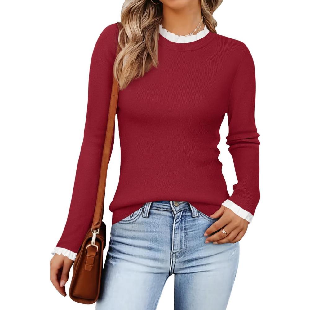 imageZESICA Womens Long Sleeve Ruffle Sweaters 2025 Fall Crewneck Color Block Slim Fit Basic Casual Knit Pullover Sweater TopsPurple Red