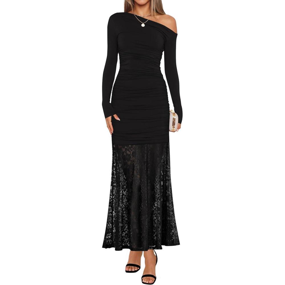 imageZESICA Womens Off Shoulder Cocktail Maxi Dresses 2025 Fall Long Sleeve Bodycon Ruched Lace Wedding Guest Party DressBlack