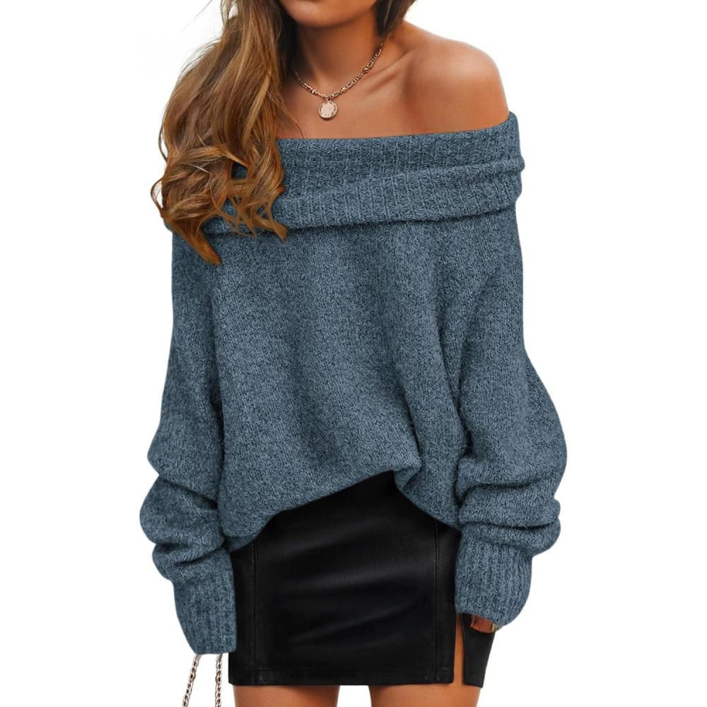 imageZESICA Womens Off The Shoulder Fall Sweaters Oversized Long Sleeve Pullover Tops 2025 Fashion Outfit ClothesDarkblue