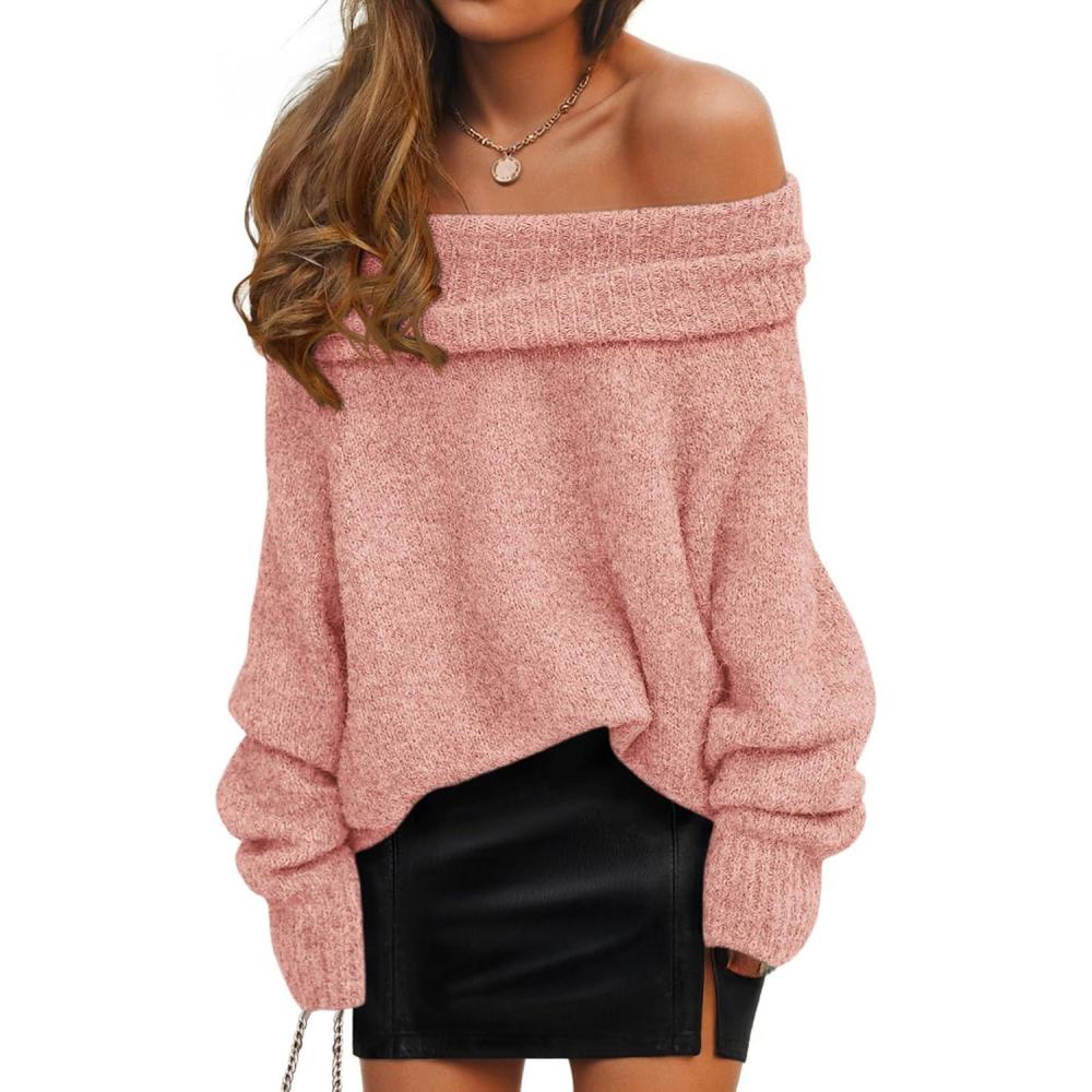 imageZESICA Womens Off The Shoulder Fall Sweaters Oversized Long Sleeve Pullover Tops 2025 Fashion Outfit ClothesPink